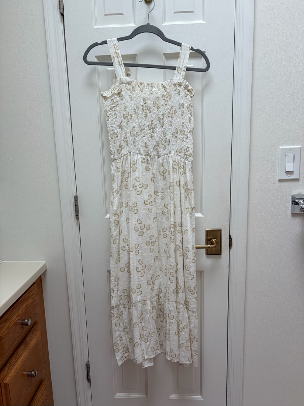 Cream Smocked Maxi Dress with Gold Floral Print and Tie Straps